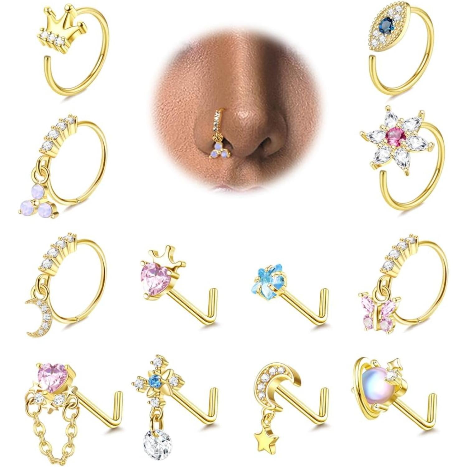 Amazon.com: Tornito 16Pcs Dangle Nose Rings Stud L Shaped