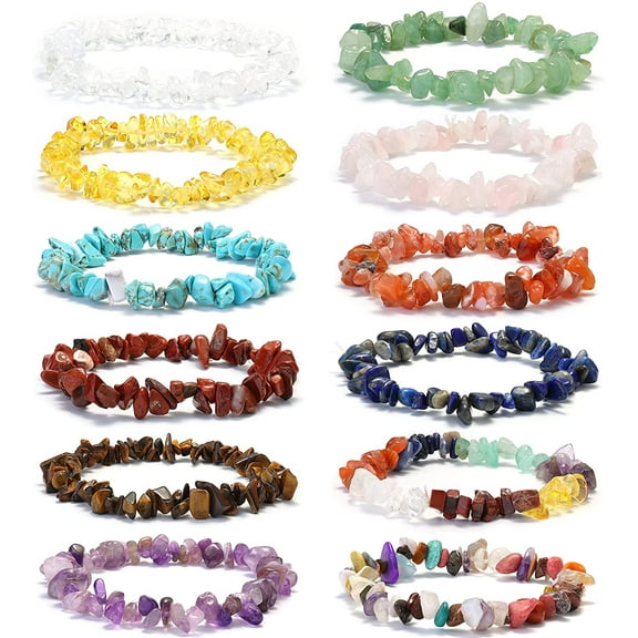 Jstyle 12 Pcs Natural Gemstone Chakra Bracelets for Women Crystal Healing Chip Gemstone Stretch Bracelets Tumble Polished Align Chakras/Conquer Fear/Increase Communication Reiki