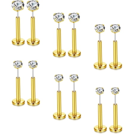 Jstyle 12PCS Surgical Steel Threadless Flat Back Earrings 14K Gold Plated Tragus Cartilage Earrings Push Pin Nose Studs Nostril Lip Medusa Piercing Hypoallergenic 16G Daily