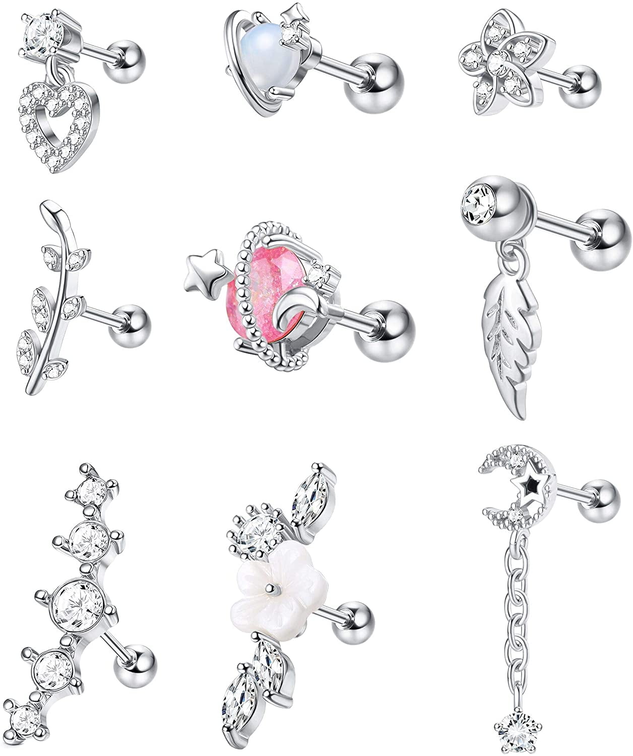 Jstyle 12Pairs Cartilage Earrings for Women 16G 316L Stainless Steel CZ Dangle Helix Tragus