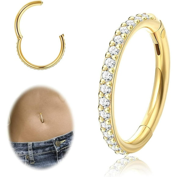Jstyle 14G Titanium Belly Button Ring, G23 Titanium Hinged Clicker Hoop Silver/Gold Hinged Seamless Hoop 10mm/12mm Double Layered CZ Body Piercing Jewelry for Women Men Septum Ring Nose Hoop