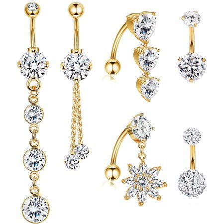 Jstyle 14g Belly Button Rings Cute Cubic Zirconia Navel Ring Piercing, Surgical Steel Long Dangle Short Reverse Belly Button Jewelry for Women…
