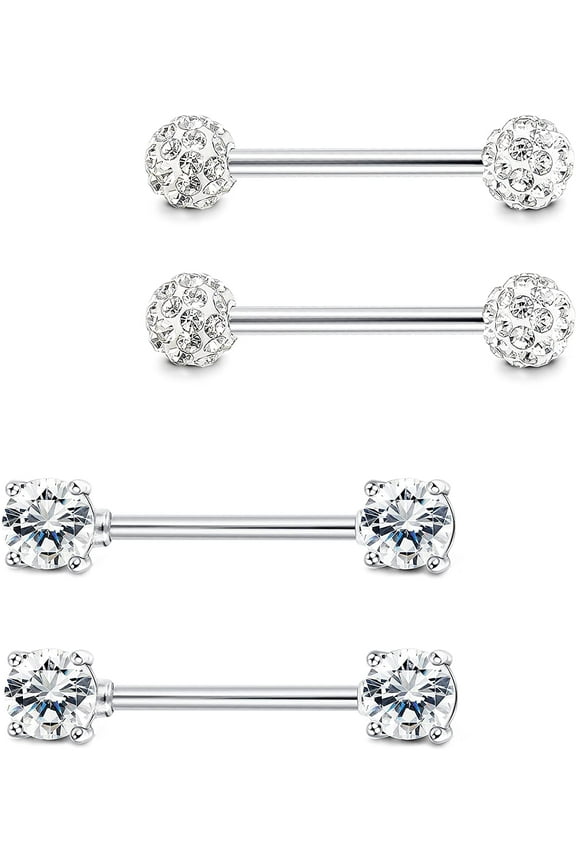 2 Pairs 316L Stainless Steel Nipple Rings Barbell Crystal Ball Piercing Nipple CZ Tongue Rings 14G
