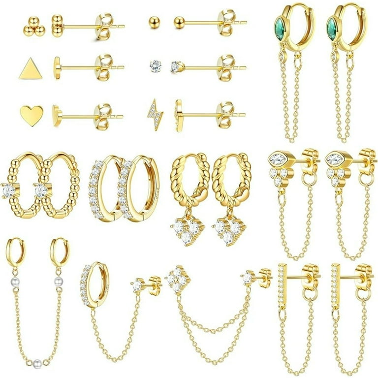 Jstyle 27PCS 14K Gold Plated Stud Earrings Set for Women Fashion Hypoallergenic Small Dainty Dangle Chain Earrings for Multiple Piercing Minimalist