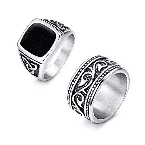 Jstyle 2Pcs Stainless Steel Rings for Men Vintage Biker Signet & Band Ring Set Size 7-15