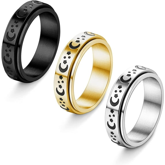 Jstyle 3Pcs Steel Spinner Ring for Women Men Fidget Band Rings Moon Star Flower Sand Blast Finish Ring Set for Anxiety Stress Relieving Wedding Promise