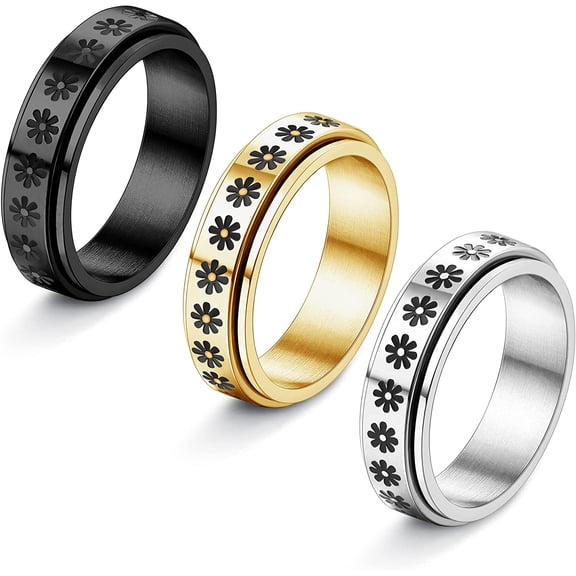 Jstyle 3Pcs Steel Spinner Ring for Women Men Fidget Band Rings Moon Star Flower Sand Blast Finish Ring Set for Anxiety Stress Relieving Wedding Promise