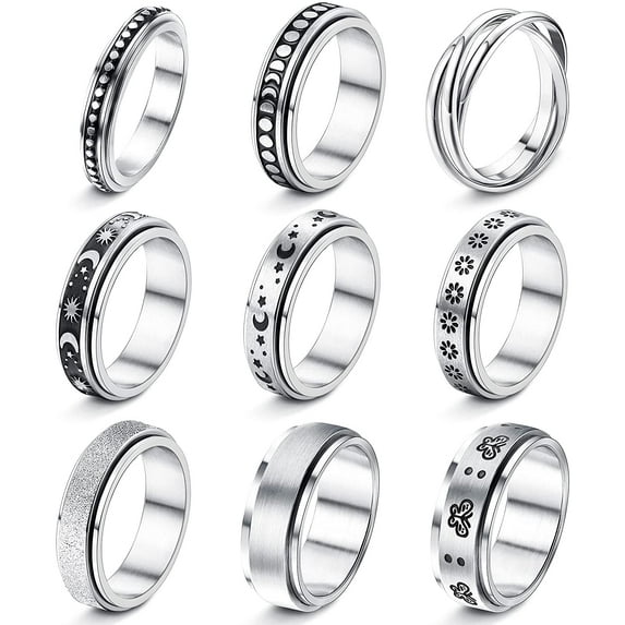 Jstyle 4-9Pcs Stainless Steel Anxiety Rings for Women Men Hypoallergenic Relieving Stress Anxiety Fidget Band Spinner Ring Moon Star Sand Blast Finish Ring Size 5-14