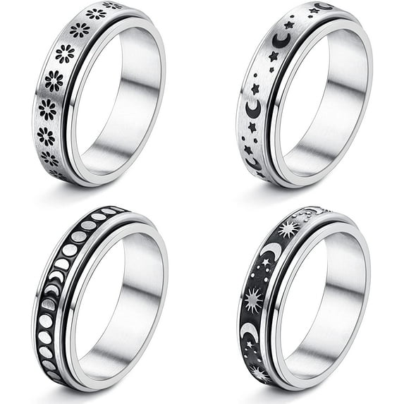 Jstyle 4-9Pcs Stainless Steel Anxiety Rings for Women Men Hypoallergenic Relieving Stress Anxiety Fidget Band Spinner Ring Moon Star Sand Blast Finish Ring Size 5-14