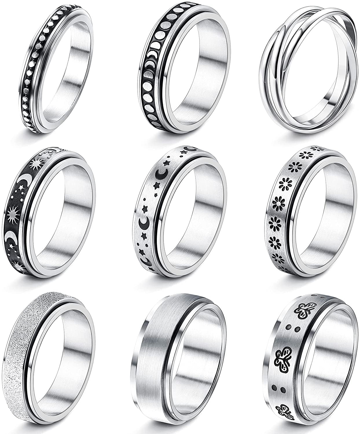 Dropship 6 Pcs Stainless Fidget Rings For Women Mens Spinner Rings For  Stress Relieving Sand Blast Finish Flower Moon Star Anxiety Ring Set For  Band Rings Size 10 to Sell Online at