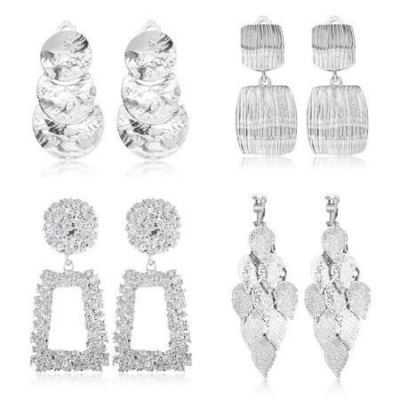 Jstyle 4 Pairs Clip On Drop Earrings Set Square Rectangle Golden Metal Geometric Clipon Earrings Non Piercing Dangle Earrings