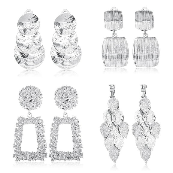 Jstyle 4 Pairs Clip On Drop Earrings Set Square Rectangle Golden Metal Geometric Clipon Earrings Non Piercing Dangle Earrings