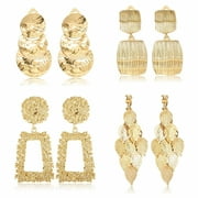 DESIGNICE 4 Pairs Clip On Drop Earrings Set, Golden Metal Geometric Dangle Earrings for Women, Square Rectangle Non Piercing Clipon Jewelry for Everyday Wear