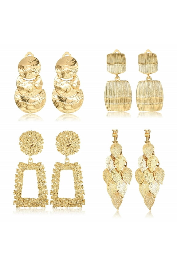4 Pairs Clip On Drop Earrings Set Square Rectangle Golden Metal Geometric Clipon Earrings Non Piercing