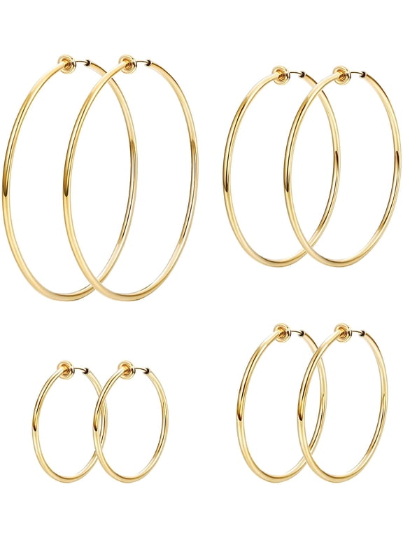 4 Pairs Stainless Steel Clip On Hoop Earrings for Women Fake Hoop Earrings Spring Hoop Earrings For Non-Pierced Ears