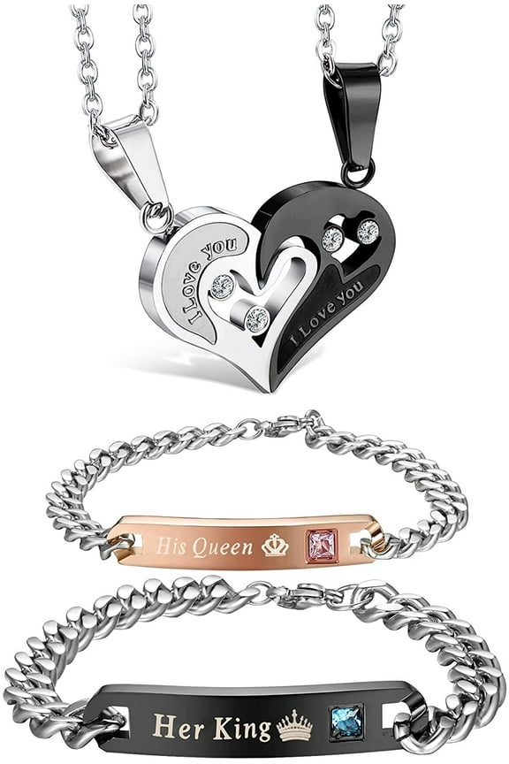 4Pcs Couple Necklace Bracelets Matching Set for Women Men Love Heart Pendant Necklace His & Hers Bracelets Couple Gift