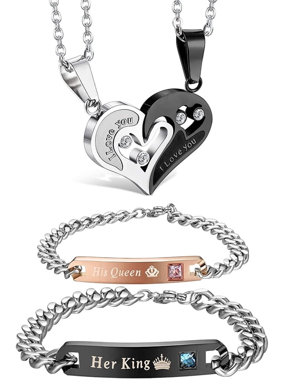 4Pcs Couple Necklace Bracelets Matching Set for Women Men Love Heart Pendant Necklace His & Hers Bracelets Couple Gift
