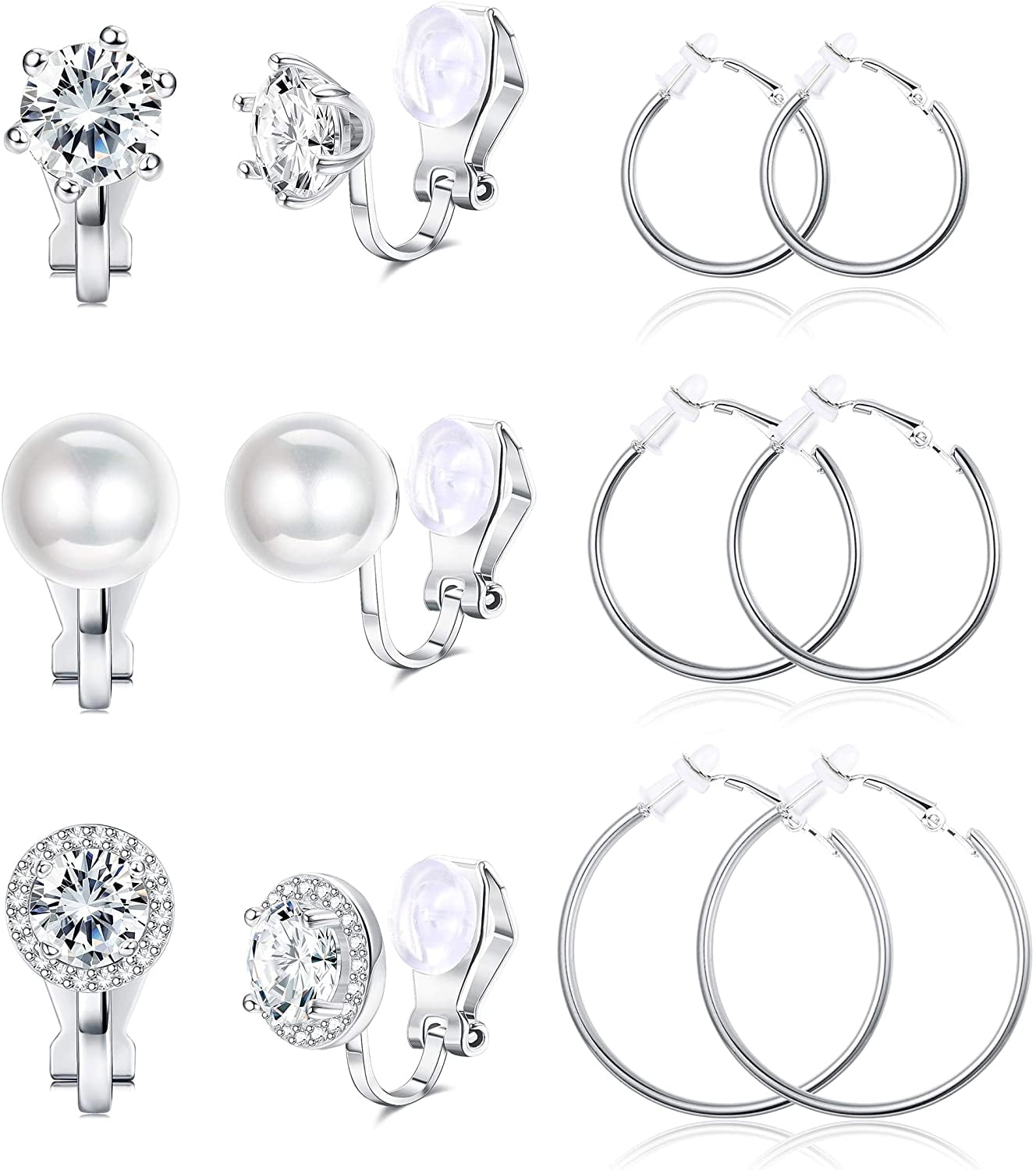 Jstyle 6 Pairs Clip On Earrings for Women Fashion Hoop CZ Pearl Stud