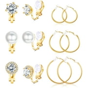 JSTYLE 6 Pairs Clip On Earrings for Women Fashion Hoop CZ Pearl Stud Earrings Women Clip On Earrings Set
