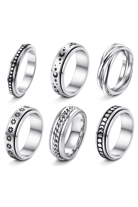 6 Pcs Anxiety Ring for Women Men Teen Stainless Steel Fidget Rings Set Moon Star Spinner Rings Fidget Rings for Anxiety