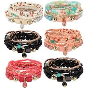 Jstyle 6 Sets Bohemian Stackable Bead Bracelets for Women Stretch Multilayered Bracelet Set Multicolor Jewelry