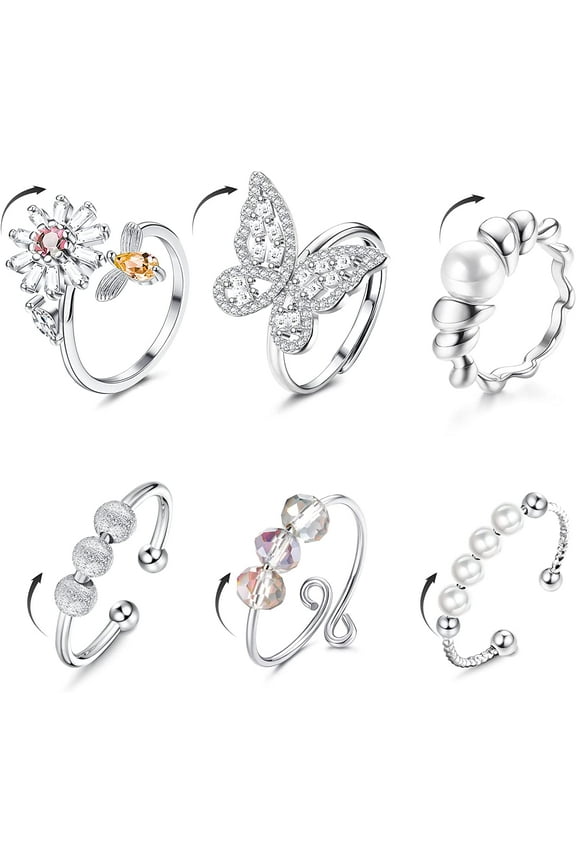 6Pcs Fidget Spinner Rings for Anxiety Adjustable Open Spinner Fidget Rings for Women Cubic Zirconia Flower Butterfly Bead Stress Relief Stackable Rings Set