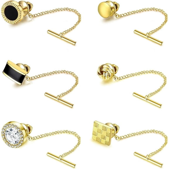 Jstyle 6Pcs Tie Tacks for Men Tie Pin with Chain 14K Gold Plated Tie Tack Clutch for Wedding Birthday Anniversary Business Accessory Daily