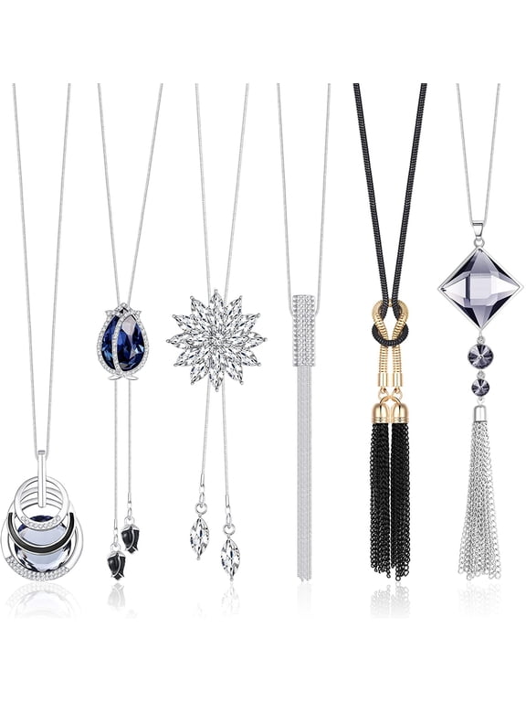6Pcs Women Long Sweater Necklace Silver Plated Rhinestone Flower Tassel Pendant Neckace Jewelry Women Gifts