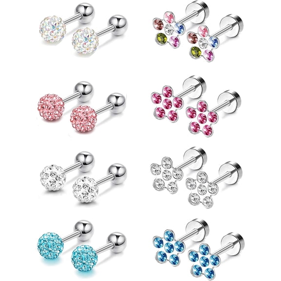 Jstyle 8 Pairs Stainless Steel Stud Earrings for Women Colorful CZ Flowers Shape Earrings Ball Screwback Earrings