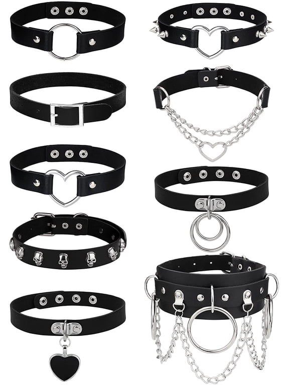 9-Piece Punk Leather Choker Necklace Set, Silver (Women's)