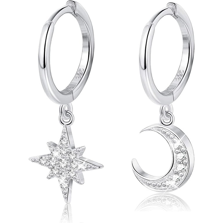 Jstyle 925 Sterling Silver Star Moon Dangle Hoop Earring CZ Drop