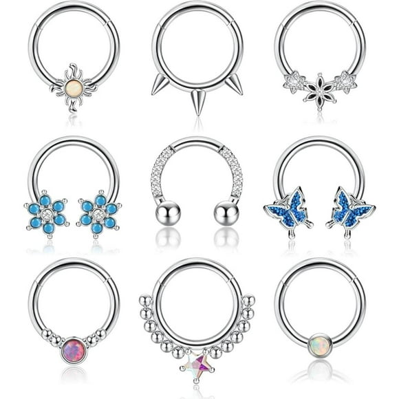 Jstyle  9PCS Septum Rings 16G Septum Rings for Women Surgical Steel Nose Rings Hoops Clicker Ring Nose Rings CZ Opal Helix Tragus Hoop Daith Cartilage Piercing Jewelry
