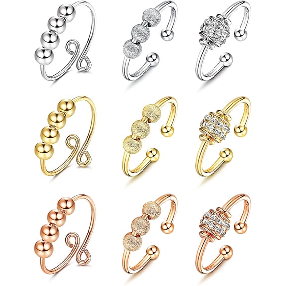 Jstyle 9Pcs Anxiety Ring with Beads Adjustable Gold Silver Thumb Anxiety Rings Pack for Women Men Fidget Spinner Bead Rings for Anxiety