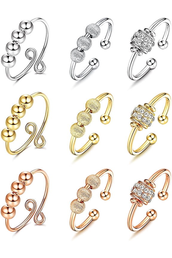 9Pcs Anxiety Ring with Beads Adjustable Gold Silver Thumb Anxiety Rings Pack for Women Men Fidget Spinner Bead Rings for Anxiety