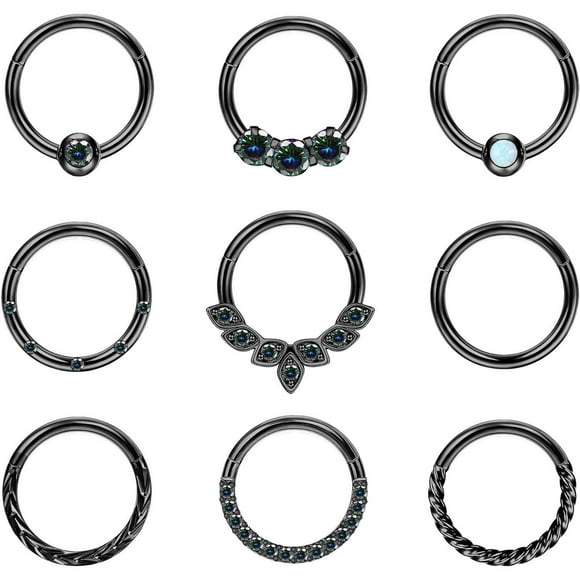 Jstyle 9Pcs Surgical Steel Hinged Nose Rings Hoop 16G 18G Septum Rings CZ Opal Clicker Cartilage Earrings Daith Lip Helix Hoop Tragus Conch Nose Piercing Jewelry for Women Men 8mm 10mm