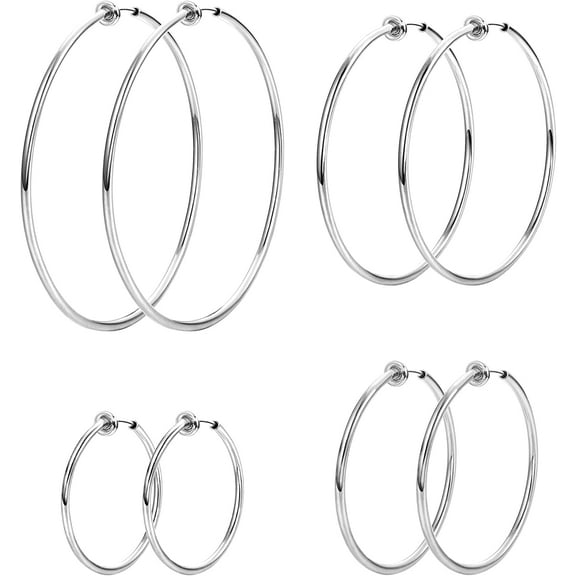 Jstyle Clip On Hoop Earrings, Silver Earrings, Stainless Steel, 4 Pack