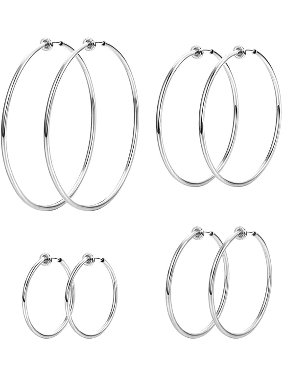 Clip On Hoop Earrings, Silver Earrings, Stainless Steel, 4 Pack