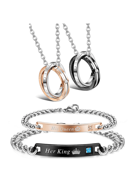 Couple Pendant Necklace Gift for Men Women His & Hers Matching Jewelry Stainless Steel Distance Bracelets Chain Lover Gift