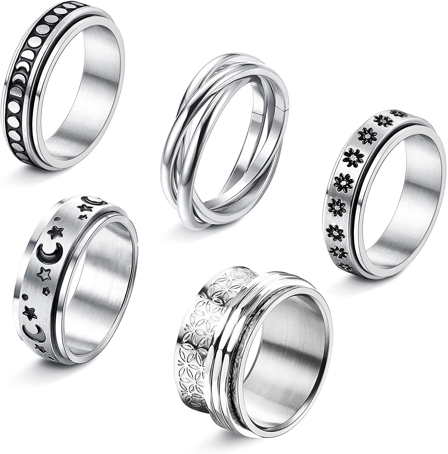 Jstyle 5Pcs Spinner Rings for Anxiety Fidget Ring Spinner Rings for Women  Men Stainless Steel Stress Relieving Promise Anxiety Rings Size 5-11 -  Walmart.com