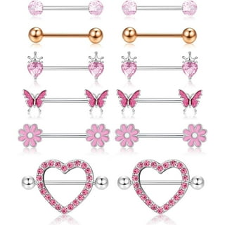 Surgical Steel White Flower with Full Angel Wings CZ Nipple Ring Barbell Surgical Steel White Flower with Full Angel Wings CZ Nipple Ring Barbell