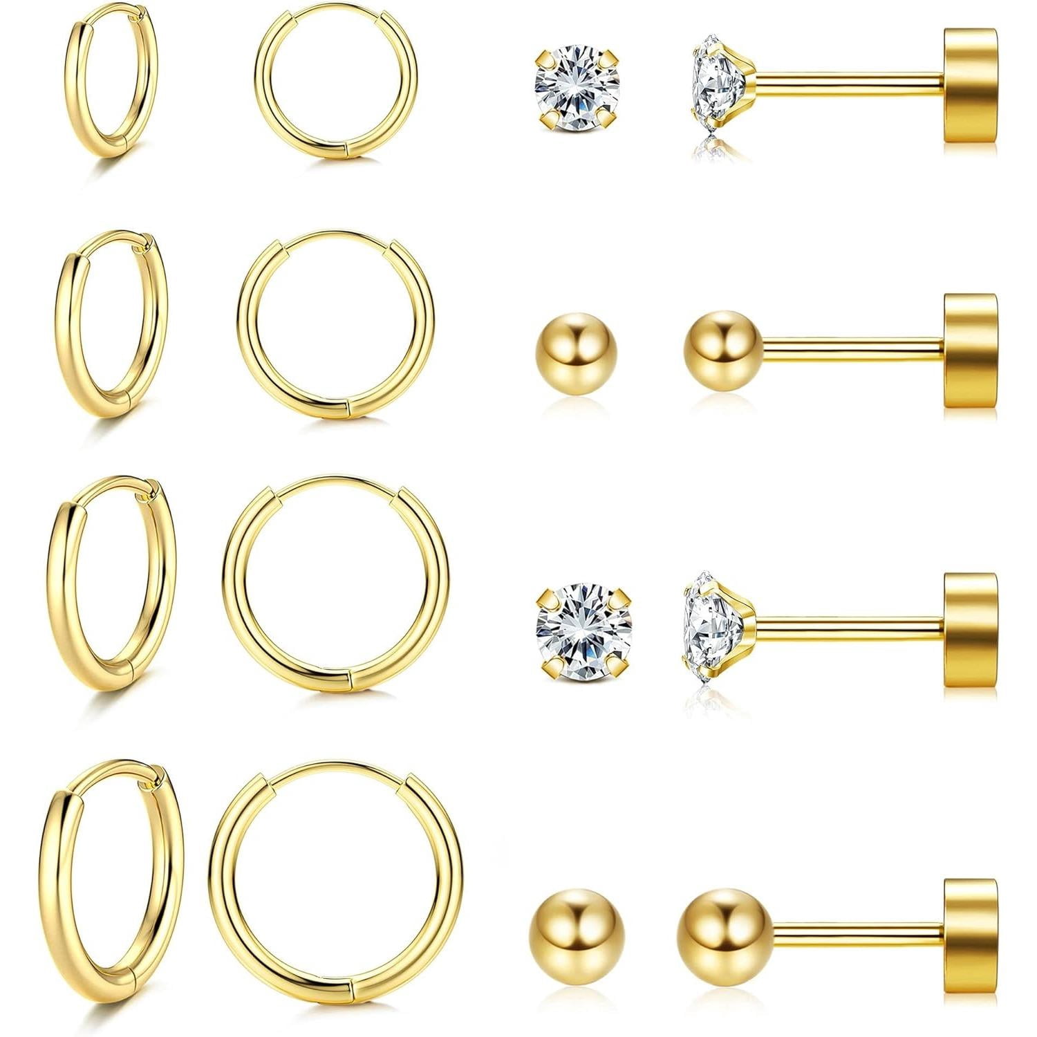 6 Pairs Small Gold Huggie Hoop Earrings - Surgical Steel Flat Back CZ Studs, Hypoallergenic For Multiple Piercings