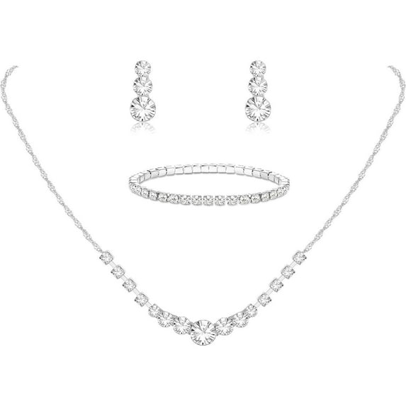 Jstyle Silver Jewelry Set for Women Necklace Drop Earrings Link Bangle Bracelet Bridal Wedding Jewelry Sets for Brides Bridemaid Prom Costume Accessories Daily