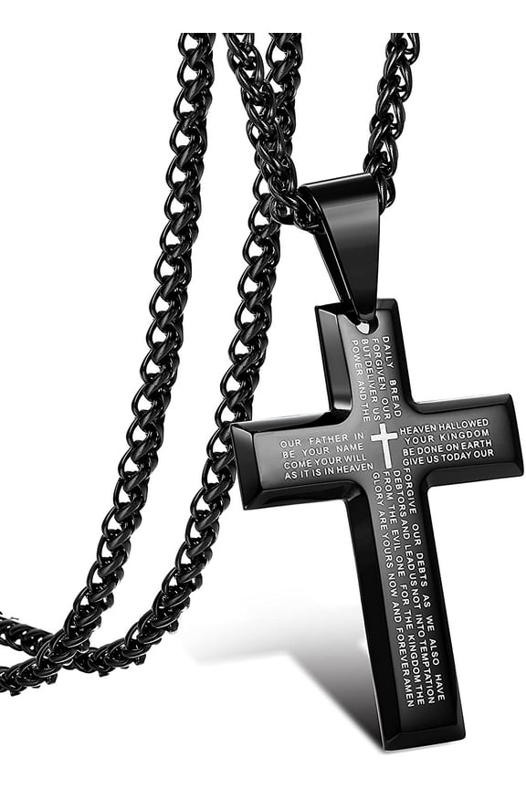 Stainless Steel Black Cross Pendant Necklace for Men Lord's Prayer Necklace Heavy Wheat Chain 22 24 30 Inch