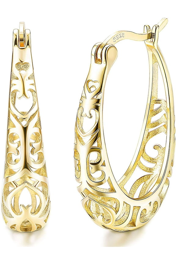 Sterling Silver Hoop Earrings Textured Filigree Round Earrings for Women