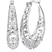 Jstyle Sterling Silver Hoop Earrings Textured Filigree Round Earrings for Women