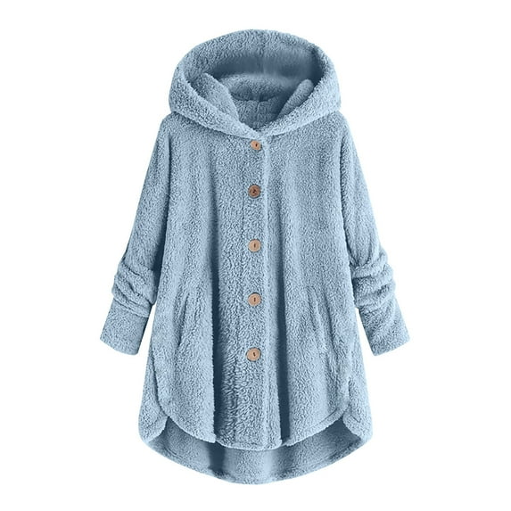 Jszlgo Plus Size Sherpa Tops For Women Casual Loose Button Down Hooded Fuzzy Fleece Jackets Warm Winter Loungewear Fleece Jackets for Women