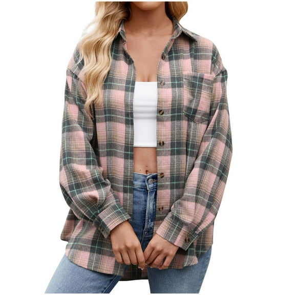 Jszlgo Shackets for Women Flannel Shacket Jacket Plaid Button Down Long Sleeve Shirt Fall Outfits 2024 Coat Tops Jackets for Women