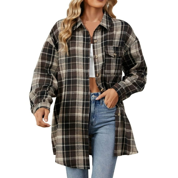Jszlgo Women's Flannel Plaid Shacket Long Sleeve Button Down Shirts Jacket Coats with Side Pockets Shackets for Women 2024