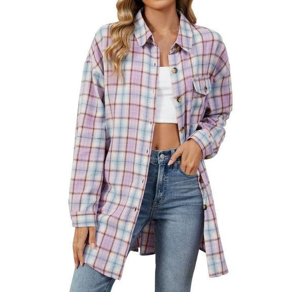 Jszlgo Women's Flannel Plaid Shacket Long Sleeve Button Down Shirts Jacket Coats with Side Pockets Shackets for Women 2024