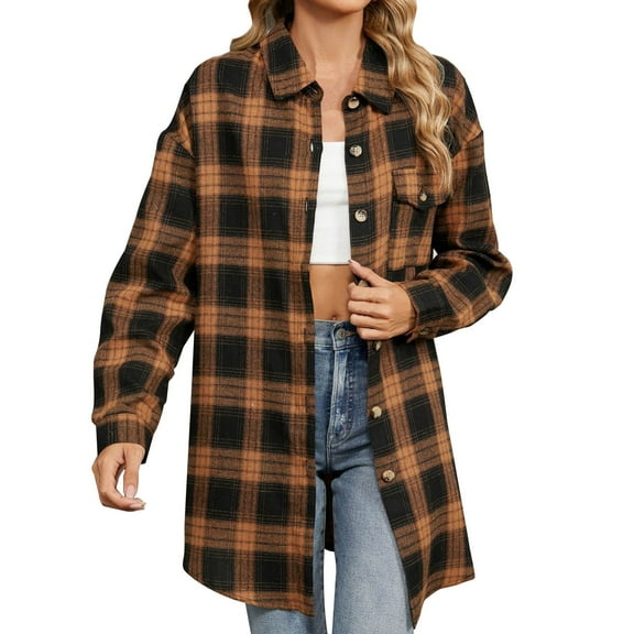 Jszlgo Women's Flannel Plaid Shacket Long Sleeve Button Down Shirts Jacket Coats with Side Pockets Shackets for Women 2024